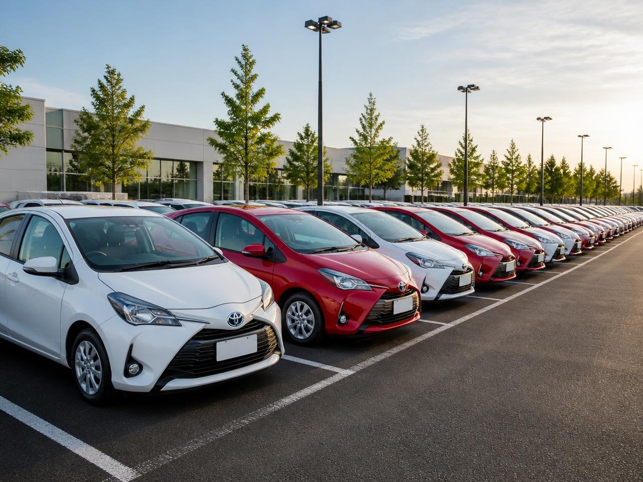 Frota de carros brancos e vermelhos estacionados em pátio