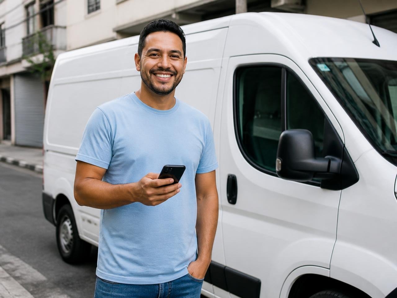 Motorista com smartphone ao lado de uma van branca
